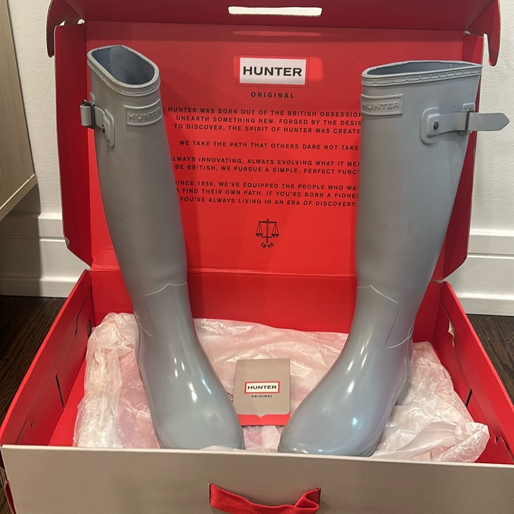Hunter Women’s Refined Tall Gloss Grey Boots- 7